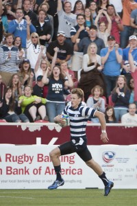 BYU rugby player Will Taylor makes a run during the rugby Varsity Cup in 2012. Photo by Chris Bunker