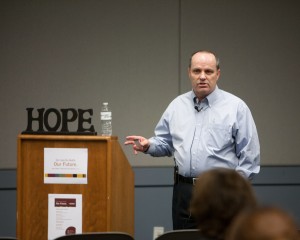 Dr. Greg Hudnall speaks in the Utah County Health and Justice building about suicide prevention. Photo by Elliott Miller