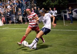 Ashley Hatch seeks separation from an Oklahoma defender as she passes to the center of the field. Hatch will carry the women's soccer team as a sophomore in the Fall. Photo by Sarah Hill