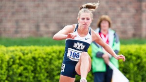 Angela Shields participates in the 400 hurdles at the Robison Invitational. Photo courtesy BYU photo