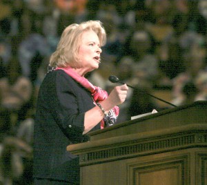 Sheri Dew addresses the 15,000-plus attendees at the opening session of Women's Conference at the Marriott Center, May 1, 2014. (Maddi Dayton)