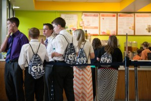 Patricipants of the Provo EFY wait in line at Jamba Juice in the Wilkinson Center. On-campus businesses notice an increase in traffic during the EFY weeks. (Elliott Miller)