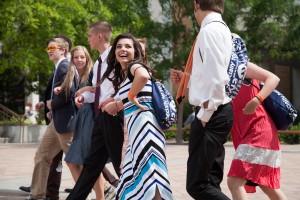 Participants of the Provo EFY "escort" each other on BYU campus. There are advantages to having the particpants on campus, including increase in revenue for on-campus businesses. (Elliott Miller)