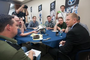 Head Coach Bronco Mendenhall speaks with reporters during Football Media Day.