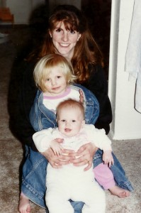 Colleen Mitchell with her two children while going to school at BYU.