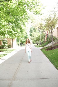 Christina Baker, french studies major, wears business casual clothes to class. Fashion Designer, Helen Hancey thinks that all women need a basic white blouse in their business casual wardrobe. (Mindy Burton)