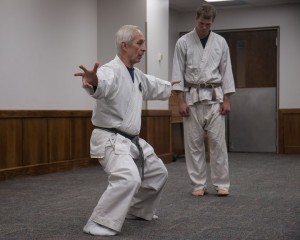 Paul Sucher, Sensei of the BYU Shotokan Karate Club, demonstrates a kata sequence, which are self defense forms against multiple opponents. 