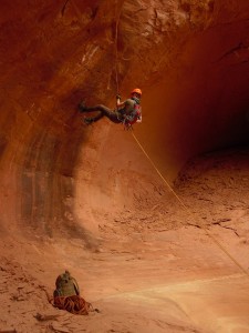 Student Cameron Skidmore on rappel in Morocco Canyon
