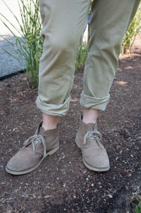 Brian Ballard wears a chukka boot and rolled up khakis as he heads to class. Similarly, pioneer men would wear light colored khakis and similar boots as they performed their daily jobs. (Natalie Stoker) 