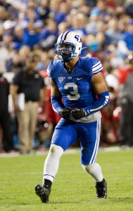 Kyle Van Noy celebrates a tackle during a game against Utah at LaVell Edwards Stadium on Sep. 21, 2013. Van Noy now plays for the Detroit Lions in the NFL. (Sarah Hill)