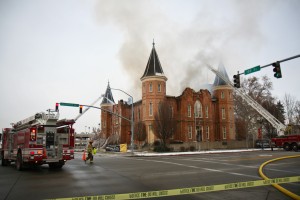 Firefighters attempt to control the blaze in the historic Provo Tabernacle Dec. 17, 2010. The cause of the fire, reported around 2 a.m., is a series of human errors. (Angela Decker)