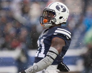 Jamaal Williams in a game against Idaho Stats on Nov. 16, 2013 . Williams, after stellar freshman and sophomore seasons, needs 1.448 yards to break BYU's rushing-yards record, set by Harvey Unga in 2009. )(Photo by Ari Davis)