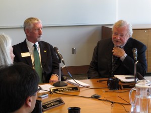 University of Oregon Interim President Scott Coltrane, left, and Board of Trustees Chairman Chuck Lillis speak to reporters on Thursday, Aug. 7, 2014 in Eugene, Ore. Coltrane was appointed following the abrupt resignation of former president Michael Gottfredson. (AP Photo/Jonathan J. Cooper)