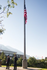 Two ROTC members will guard the flag until 7 a.m. on Sept. 10 in remembrance of the attacks on 9/11. The BYU AFROTC held a rose-laying ceremony and three-volley gun salute during the morning of Sept. 11, 2014. 