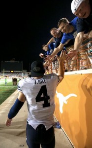 Taysom Hill thanks the fans for their great support during the win over Texas. (BYU photo)