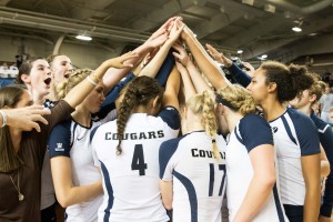 BYU woman's volleyball team celebrating a win earlier this season. (The Universe)