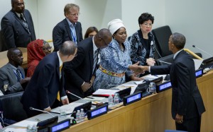 U.S. President Barack Obama shakes hands with Chairperson of the African Union Nkosazana Dlamini Zuma at a high level meeting on the Ebola outbreak during the 69th United Nations General Assembly at U.N. headquarters, Thursday, Sept. 25, 2014. (AP Photo/Craig Ruttle)
