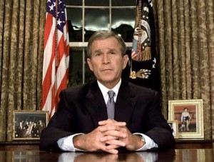 President George W. Bush in the Oval Office on the night of September 11, 2001