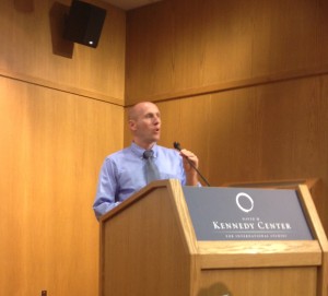 Professor Joshua Gubler explains the roots of the conflict between Israel and Gaza during a Kennedy Center lecture Sept. 10. (Spencer Mechem)