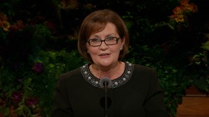 Sister Linda K Burton, Relief Society General President, urges women to prepare to attend the temple at the 184th General Women's Meeting. (Photo courtesy Mormon Newsroom)