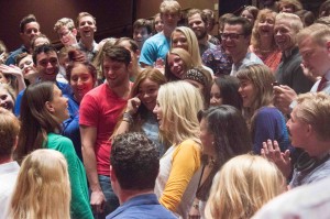 BYU Music Dance Theatre students pose for a picture with Broadway star Sutton Foster, pictured near the center wearing green. She taught a master class as part of a two-concert performing visit to BYU. (Universe Photo/Samantha Williams)
