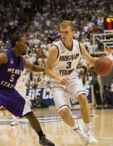 Tyler Haws dribbles in a game vs. Weber State. (Universe Photo)