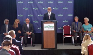 Imam Abdul Malik Mujahid, chair of the Board of the Parliament of the World's Religions, addresses audiences at a conference that announced Salt Lake City as home to the 2015 Global Intefaith Summit. The conference will be held in Oct. 2015. (Parliament of World's Religions)