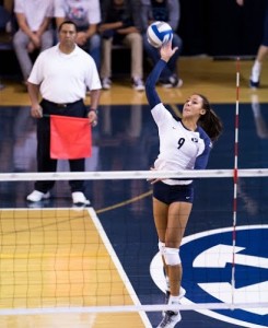 Alexa Gray goes for a kill against the LMU Lions Thursday night. (Universe Photo)
