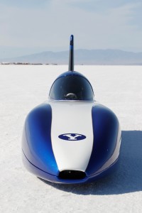 BYU's Electric Vehicle Racing Team led by Professor Perry Carter during their World Record run at the World of Speed on the Bonneville Salt Flats. The streamliner set a world record of 155 mph in the E1 class. (Jaren Wilkey/BYU Photo) 