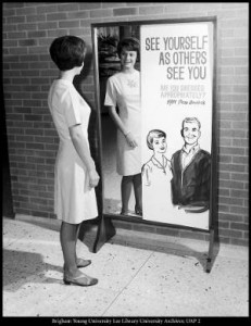 BYU students have always been expected to abide by the Honor Code. In the 1960s, mirrors were placed around campus as a reminder to students to dress and behave in accordance with BYU standards. (Special Collections)