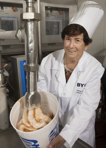 Sharon Samuelson helps with the production of Whoosh! Cecil ice cream at the BYU Creamery. The flavor will continue on, but the new basketball chants are still undetermined. 