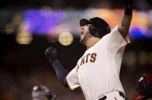 Giants pinch-hitter Michael Morse reacts after hitting a home run in Game 5 of the Giants' NL Championship Series against the St. Louis Cardinals on Oct. 16. (AP Photo/The Sacramento Bee/Paul Kitagaki Jr.)