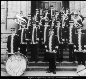 The BYU band, whose members dazzle in their new, embellished uniforms, stand for its official 1909 photo. (Special Collections)