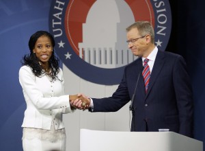 Republican Mia Love and Democrat Doug Owens greet following their second debate in their race for Utah's 4th Congressional District, Tuesday, Oct. 14, 2014, in Salt Lake City. The Tuesday night debate is the final one this year from the new Utah Debate Commission. (AP Photo/Rick Bowmer) .