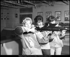 The Air Force ROTC was established at BYU in 1951. Soon after, girls organized a sponsor corps titled Angel Flight. These girls were a part of the Angel Flight rifle team.