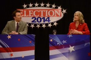The candidates in the 2nd Congressional District race, Clay Aiken and Renee Ellmers, partake in a debate at the Pinehurst Resort in Pinehurst, N.C. (AP Photo/The Fayetteville Observer, Raul R. Rubiera)