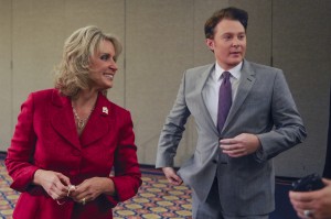 The candidates in the 2nd Congressional District race, Clay Aiken, right, and Renee Ellmers, leave the stage after the taping of a debate at the Pinehurst Resort in Pinehurst, N.C. (AP Photo/The Fayetteville Observer, Raul R. Rubiera)