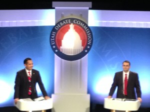 Republican Sean Reyes (left) and Democrat Charles Stormont (right), candidates for attorney general of Utah, debate on BYU's campus.