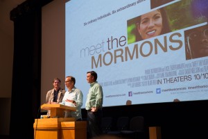 Director and Executive Producer Blair Treu stands with Executive Producer David Nielson to talk about the Meet The Mormons film during Education Week.