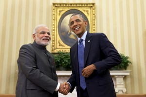 President Barack Obama shakes hands with Indian Prime Minister Narendra Modi, in the Oval Office of the White House in Washington. Modi's plate was empty at the White House luncheon because he is in the middle of a nine-day religious fast dedicated to the god Durga.
