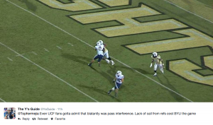 Game viewers took to twitter to criticize the lack of a pass interference call on UCF in the last play of the game. 