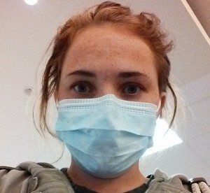 Mindy Catmull wearing a hospital mask to protect herself from airborne infections. This is also the type of mask Catmull wears into surgery.