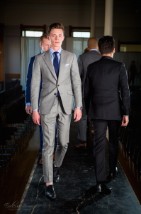 BYU student Stafford Thomas does the catwalk in a Beckett & Robb custom suit at Provo Fashion Week Oct. 11. (Mike Johnson)