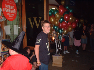 Fourteen-year-old Jacob Walker, now a BYU senior, gets ready to open the major bookstore chain, Waterstone, for the Harry otter 6 book release in England. (Joseph Walker)