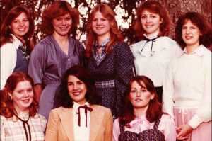 Anita Welch (bottom right) with her college roommates. Welch became a BY legend after wearinf only a trench coat into the testing center. Welch said her roommates were her biggest support system after the "no pants" scandal broke in 1978. (Anita Welch) 