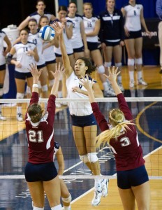 Alexa Gray spikes the ball during Saturday's game against LMU in the Smith Field House. (Universe Photo)