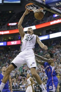 Jazz player Rudy Gobert dunks the ball against the Clippers on Oct. 13. (AP Photo/Rick Bowmer)