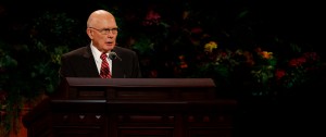 Elder Dallin H. Oaks of the Quorum of the Twelve Apostles speaks at the Saturday afternoon session of general conference, 4 October 2014. Mormon Newsroom)