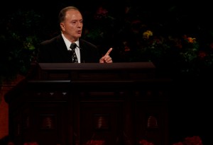 Elder Lynn G. Robbins of the Presidency of the Seventy speaks at the Saturday morning session of general conference, 4 October 2014. (Mormon Newsroom)
