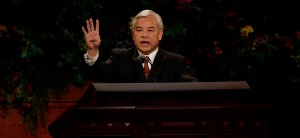 Elder Chi Hong (Sam) Wong of the First Quorum of the Seventy speaks in his native language of Cantonese at the Saturday morning session of general conference, 4 October 2014. (Mormon Newsroom)